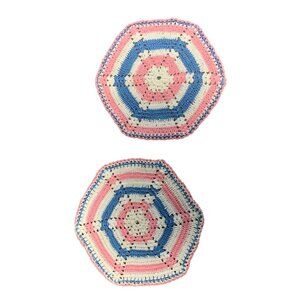Handmade Crochet Doilies Set of 2 Rainbow Hexagon Pink Blue White 7" Diameter
